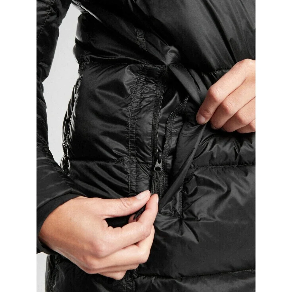 Athleta Lofty Down Coat Goose Down Black Puffer Hooded Puffy Long Coat Medium - Picture 14 of 16